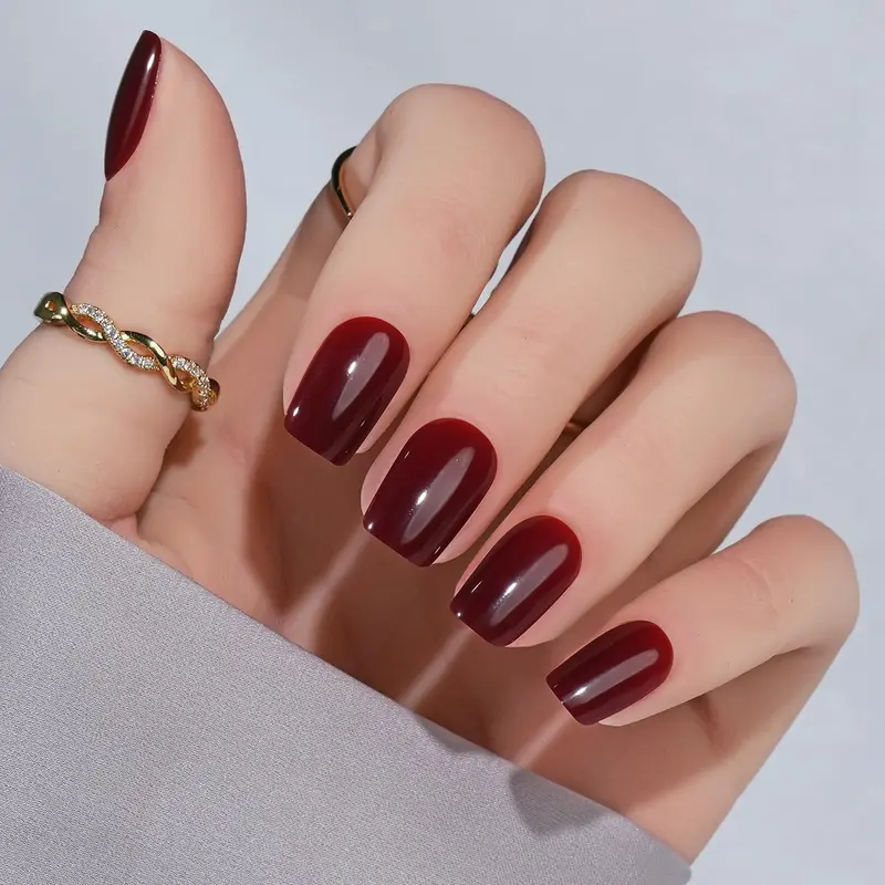 Ongles à poser courts Jofay Fashion – Gel doux rouge vin, 32 pièces, 16 tailles, colle incluse