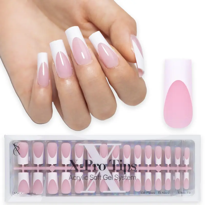 Ongles autocollants SXC à pointe française Rose – moyen carré, 150 pièces, 15 tailles Ultra Fit, apprêt et couche de base