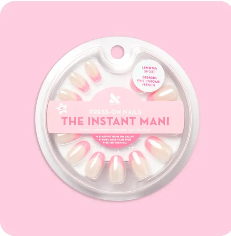Ongles press-on Olive & June Instant Mani – Forme courte, rondes, 42 faux ongles, 21 tailles, non toxiques, look rose chrome à la française