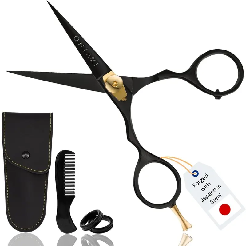 Ontaki Ciseaux Barbe et Cheveux 5,5 po – Acier Japonais Noir, Repose-doigts et Molette de Tension