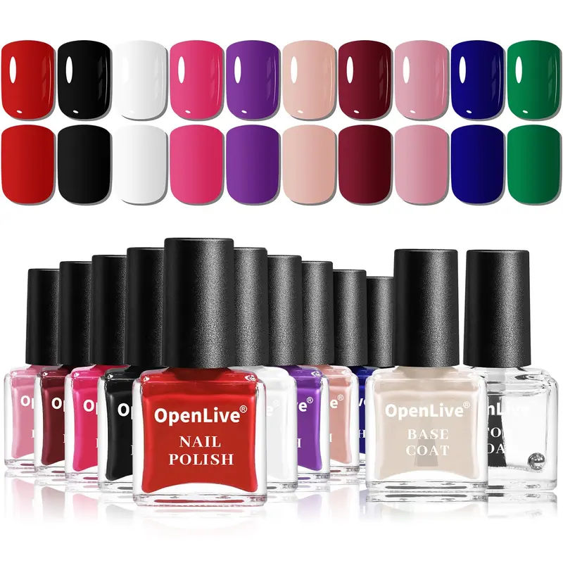 OpenLive Kit Vernis 12 Pièces – 10 Couleurs + Base et Top, Séchage à l’Air, Idéal Cadeau pour Femmes