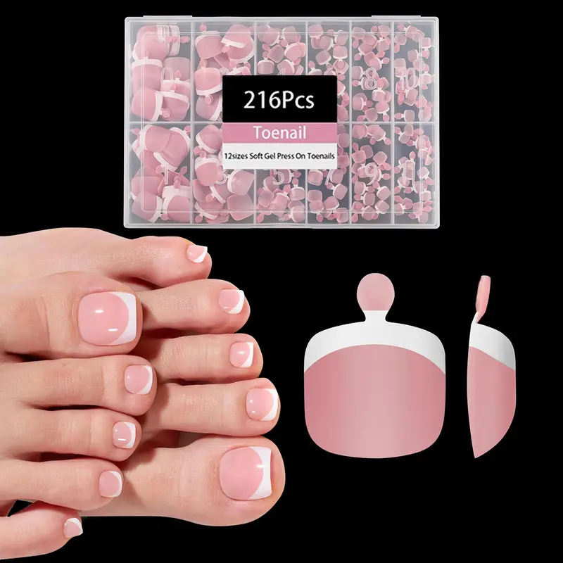 OPkssnails – 216 pièces d’ongles press-on French tip pour orteils, 12 tailles, gel doux prédesigné