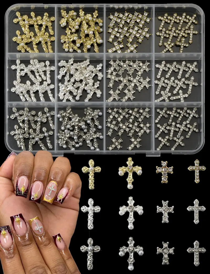 OPMADM 120 Charms Croix 3D pour Ongles – 12 Grilles Métal Or Blanc, Argent et Or