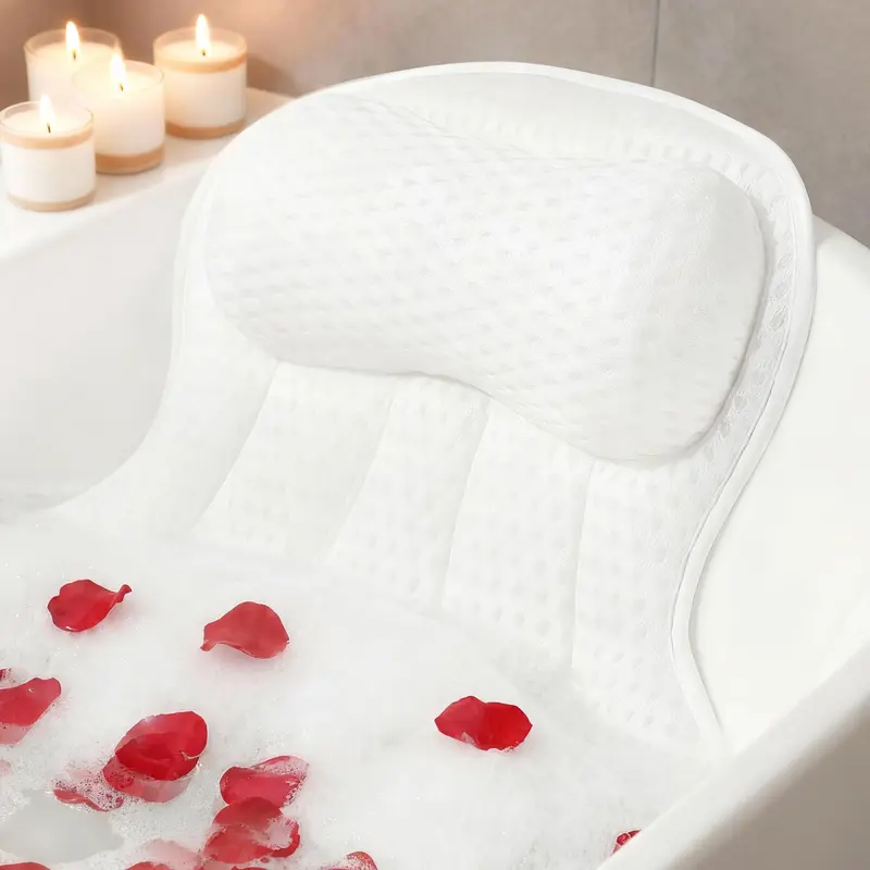 Oreiller de bain AmazeFan Luxe – maillage 4D à air, 6 ventouses, soutien Tête/Dos, universel