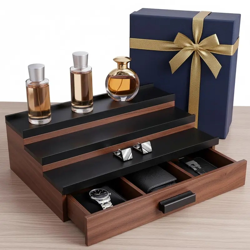 Organisateur de Cologne pour hommes – Porte-parfum en bois noir, 3 niveaux avec tiroir et rangement, cadeau idéal