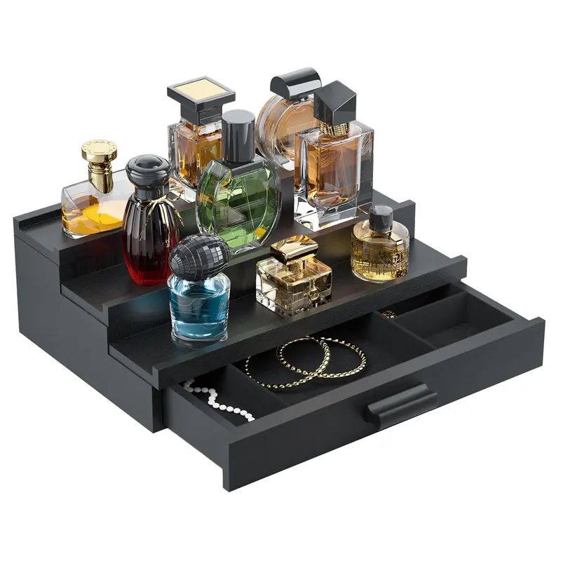 Organisateur de parfums TIRYIUOU – Étagère en bois à 3 niveaux avec tiroir et coffre caché