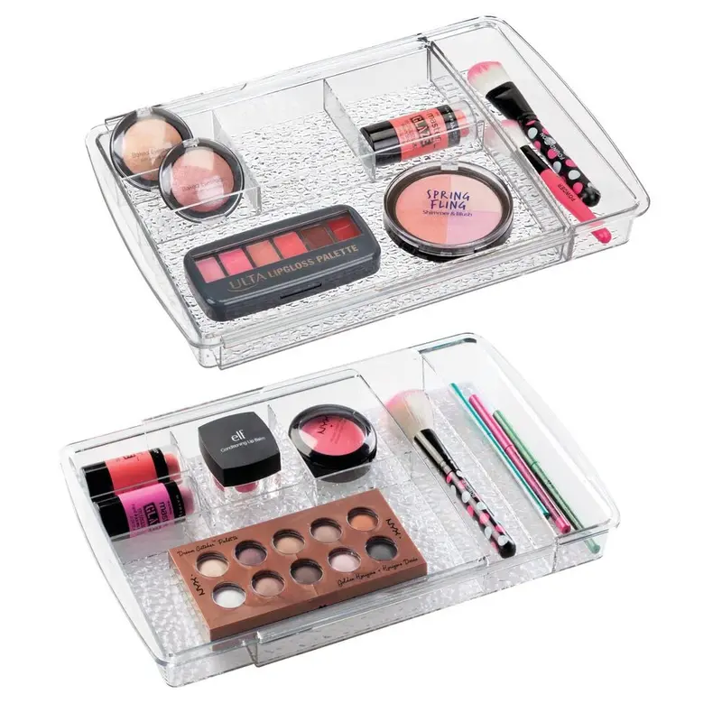 Organisateur maquillage extensible mDesign – 2 pièces transparentes, rangement tiroirs et plan de toilette