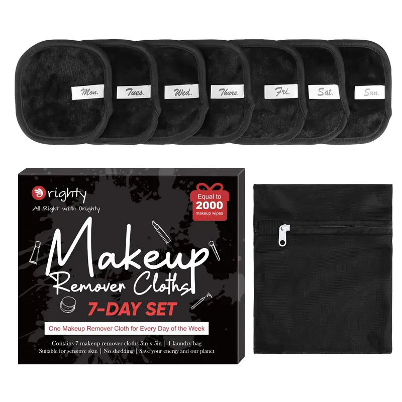 Orighty Lingettes Demaquillage 7 Jours – Premium et Reutilisables, Efficace Avec Eau (Noir)