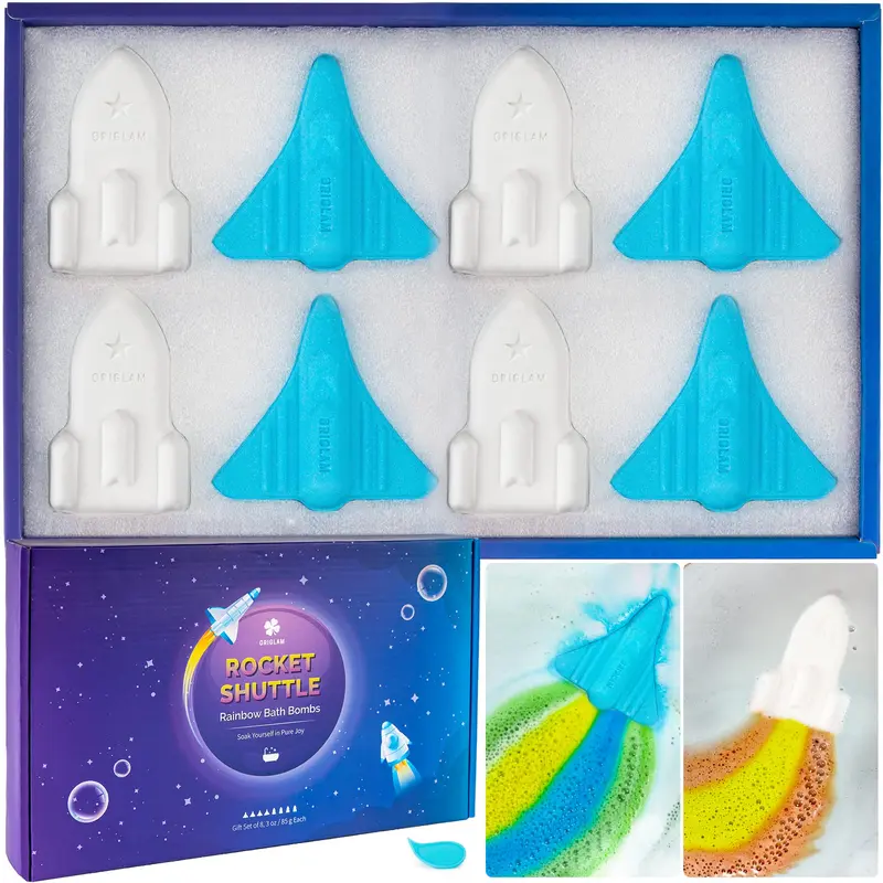 ORIGLAM Bombes de Bain Enfants – 8 Bombes XL Bio, Fusée et Avion Spatial Arc‑en‑Ciel, Emballage Individuel