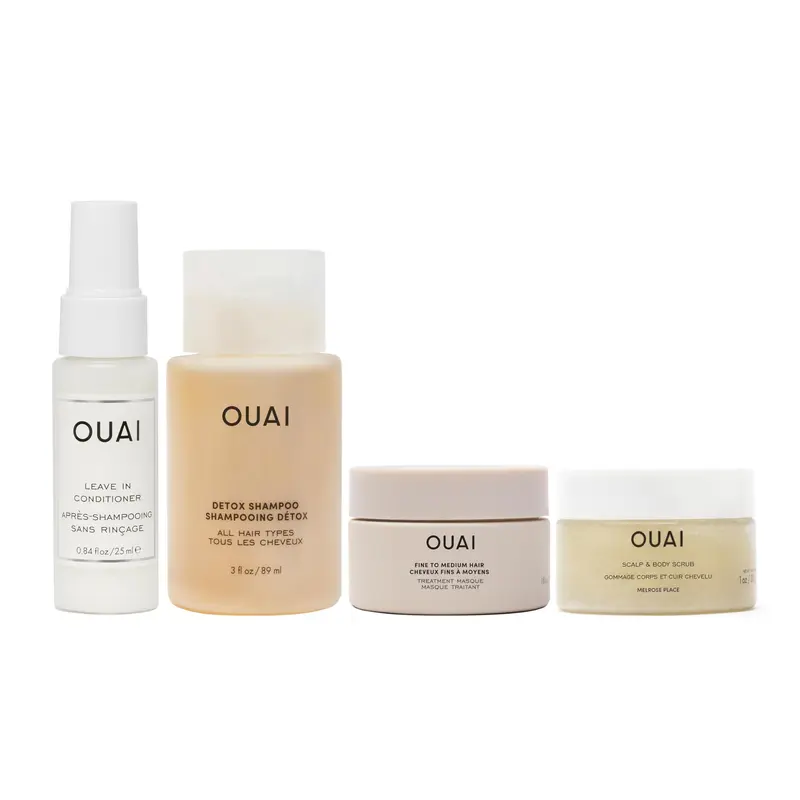 OUAI Coffret Voyage – 4 soins capillaires essentiels (après-shampoing sans rinage, shampooing detox, masque et gommage)