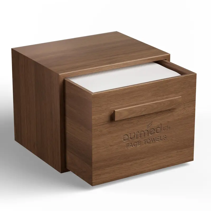 Ourmed Life Boîte en noyer pour serviettes faciales – Rangement anti-humidité avec 50 lingettes jetables et lingettes biodégradables