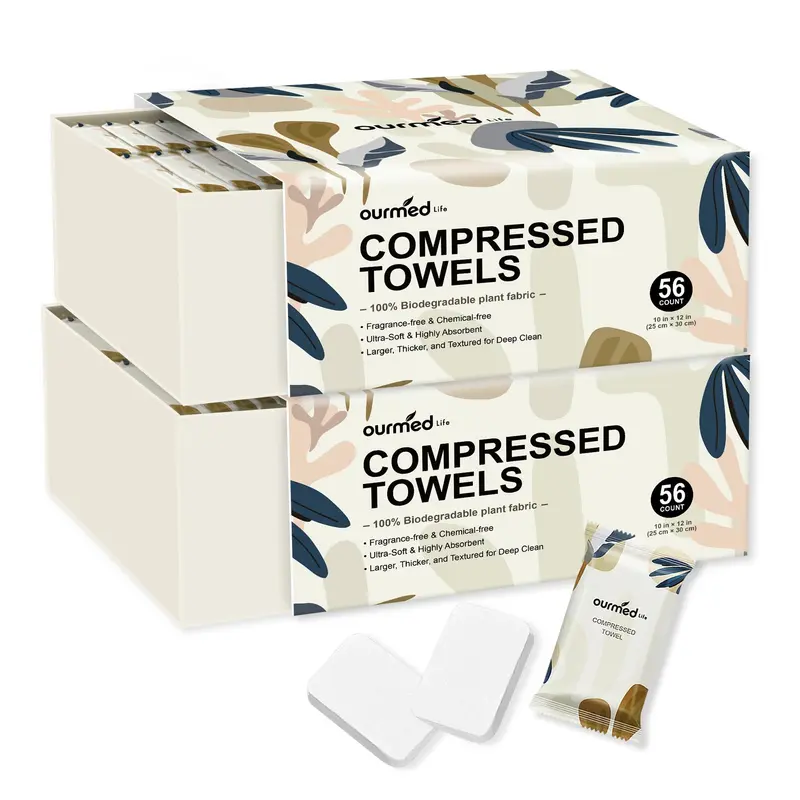 Ourmed Life Serviettes comprimées – Portable, Emballées individuellement, 12 x 10 pouces, Déploiement rapide à l’eau (112 pièces)