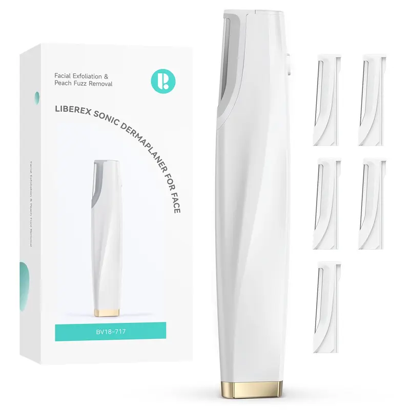 Outil dermaplaning sonique Liberex pour le visage – Rechargeable, 6 lames dermablades, lumière intégrée