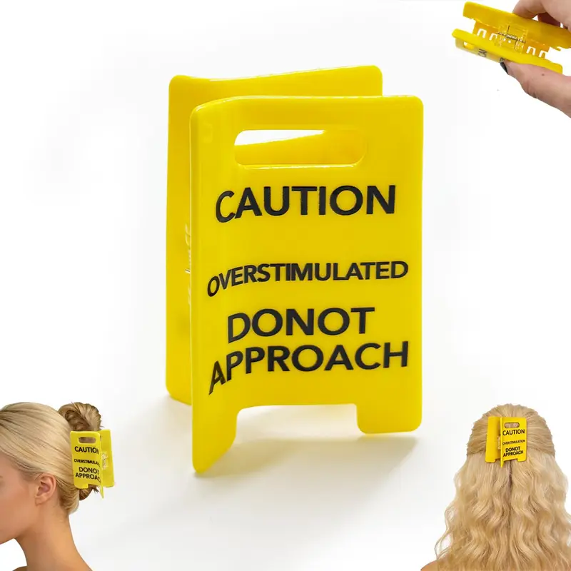 Overstimulated Clip Cheveux Avertissement Jaune – Pince cheveux humoristique pour cheveux épais ou fins