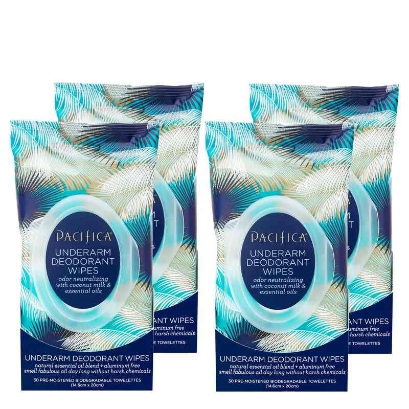 Pacifica Beauty Lingettes Déodorantes Sous les Bras – Lait Coco et Huiles Essentielles, Sans Aluminium, Vegan & Cruelty-Free | 30 Lingettes (4 Paquets)