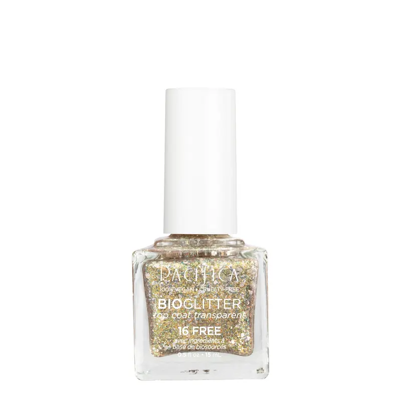 Pacifica Top Coat Bio Glitter Doré — Vernis translucide pailleté or, vegan & cruelty-free