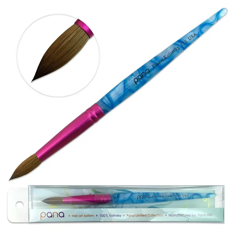 PANA Pinceau Acrylique Kolinsky Rond 12 – Poignée tourbillon bleue et ferrule rose