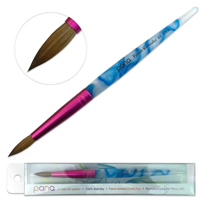 PANA Pinceau Acrylique Ongles Kolinsky – Poil Pur Blanc et Bleu, Poignée Bleue, Ferrule Rose – Taille 8