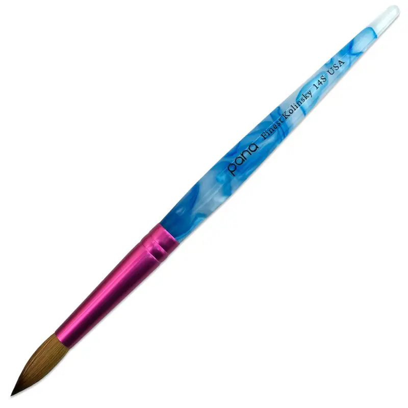 PANA Pure Kolinsky – Pinceau Acrylique Ongles, forme ronde, manche bleu avec tourbillon blanc et ferrule rose (Taille 10)