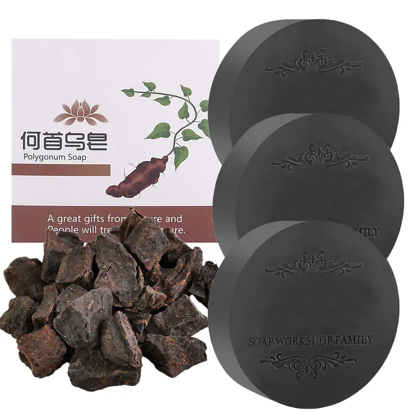Panmall Fallopia Multiflora Savon-Shampoing Solide 3 pièces – Cheveux noirs et épais, Nettoyage en profondeur et soutien potentiel à la pousse