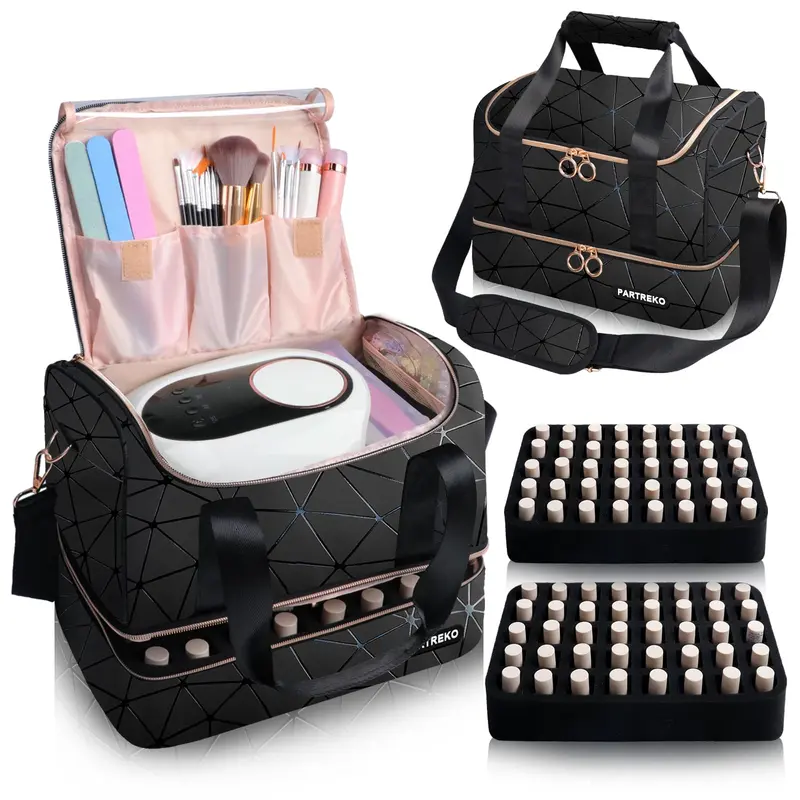 Partreko Organisateur Vernis 80 Bouteilles et Lampe à Ongles – Cuir PU Noir