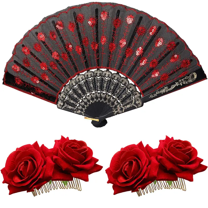 Patelai – 2 pinces roses et éventail brodé en sequins pour Flamenco