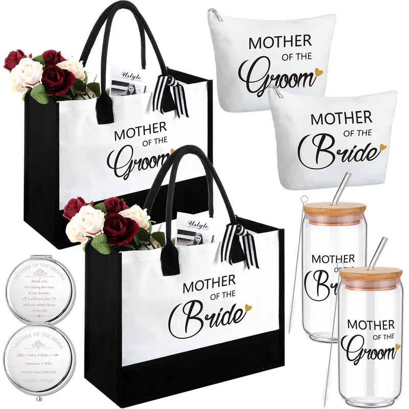 Paterr — Ensemble Cadeaux 8 Pièces pour Mère de la Mariée et Mère du Marié (Classique) — Sac Toile, Gobelets Verre 473 ml, Miroirs et Pochettes
