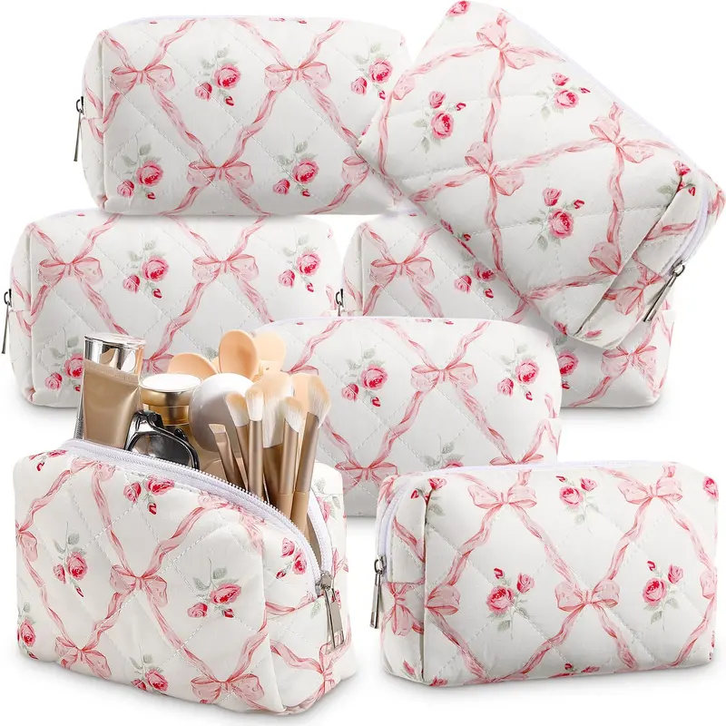 Paterr – Lot de 6 Sacs à Maquillage Quiltés avec Nœud Rose