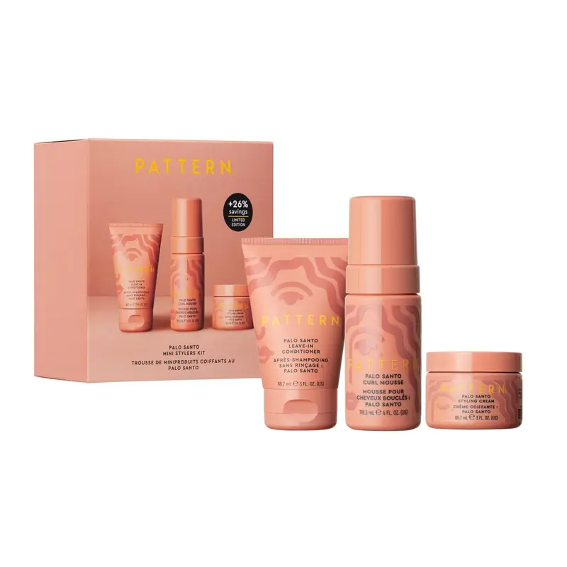 PATTERN Beauty par Tracee Ellis Ross – Palo Santo Mini Ensemble (format voyage) avec conditionneur sans rinçage, mousse boucles et crème coiffante – édition limitée