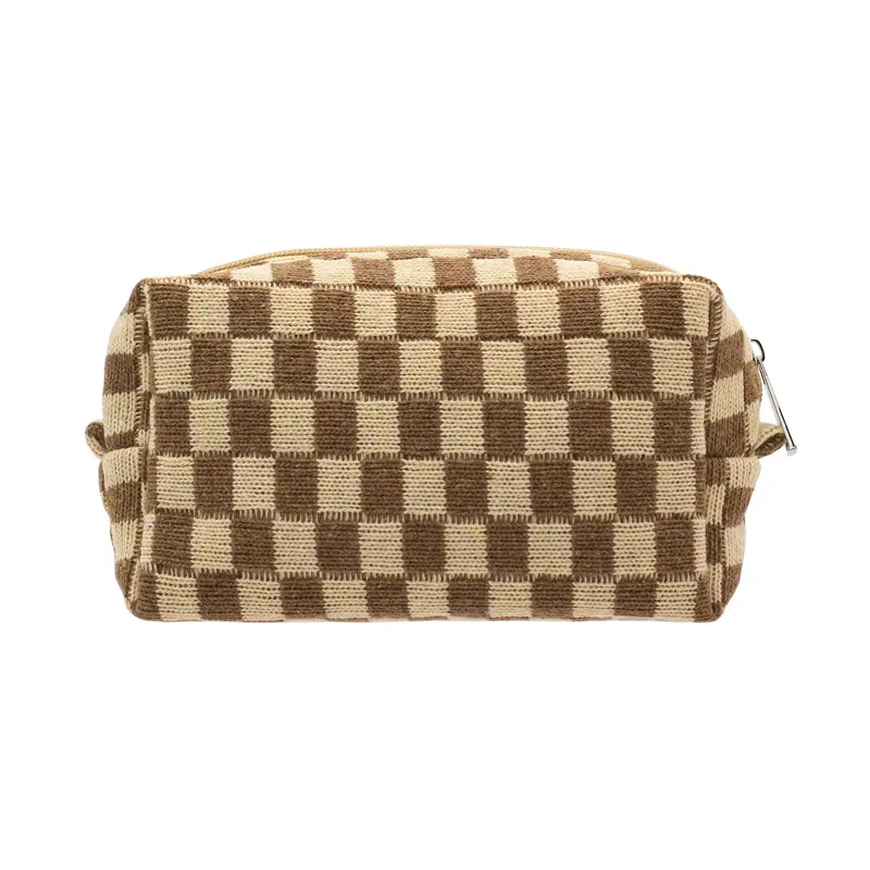 PAZIMIIK Trousse Maquillage Damier Café – Pochette Portable Zippée pour Voyage