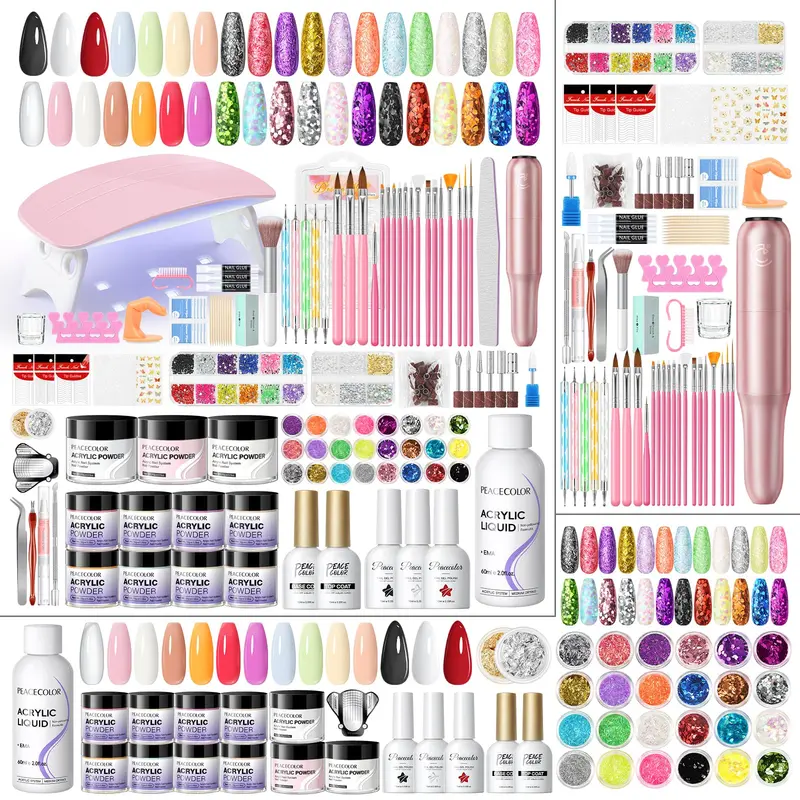 PEACECOLOR Kit Acrylique Débutants – Ensemble Complet avec Lampe UV, Foret et Vernis Gel