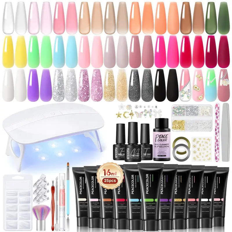 PEACECOLOR Kit Gel Poly Nail – 25 Couleurs, Lampe UV et Outils Débutant