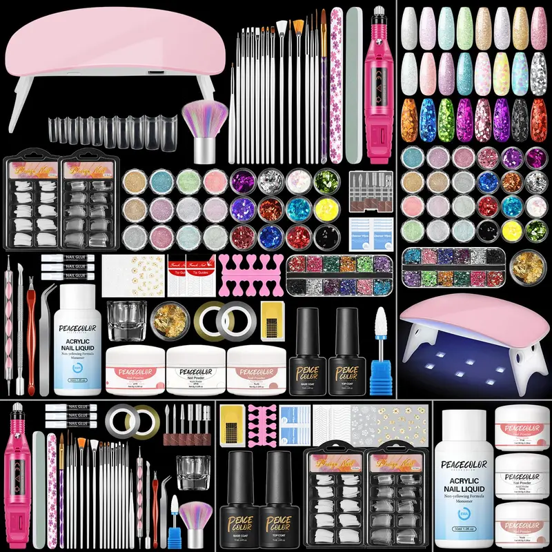 PEACECOLOR Kit Manucure Acrylique Complet – Perceuse, Lampe UV, 3 Poudres, 200 Tips, Strass