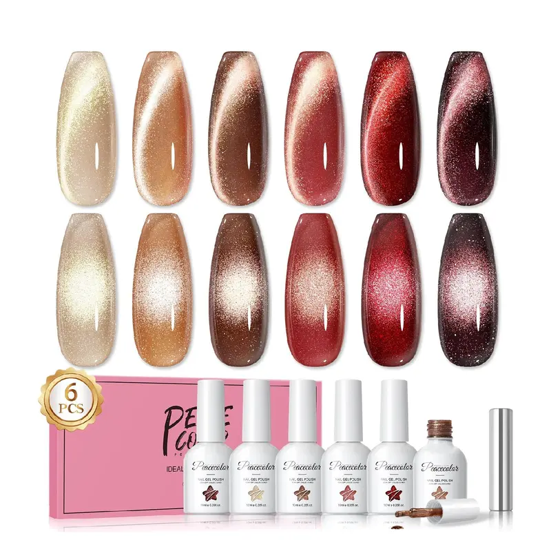 PEACECOLOR Kit Vernis Gel Cat Eye – 6 Couleurs Automne Magnétiques (10 ml)