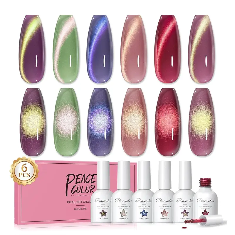 PEACECOLOR Vernis Gel Cat Eye — Ensemble Magnétique de 6 Couleurs (10 ml) pour Nail Art à Domicile