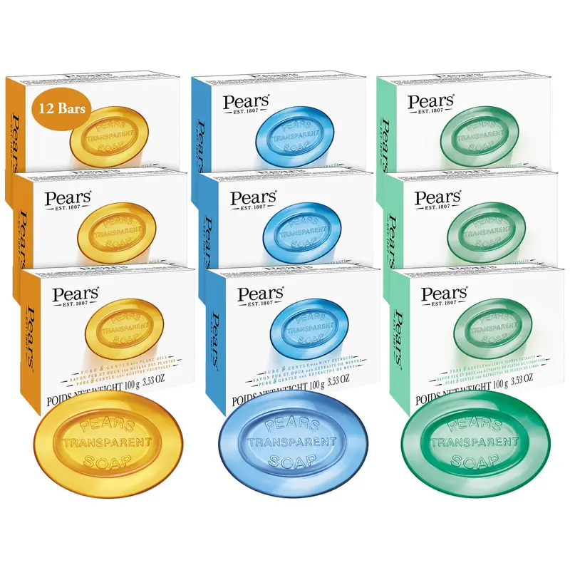 Pears Savon Glycérine Lot 12 – Barres Ambre, Bleu et Vert pour Peau Douce (100 g chacun)