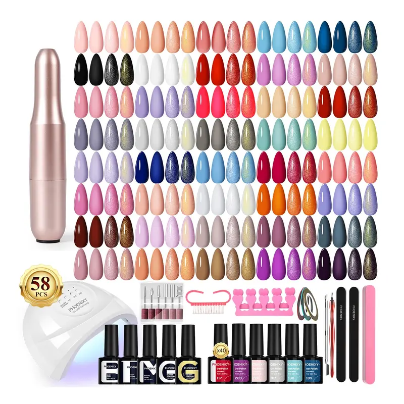 PHOENIXY Kit Gel Ongles 58 Pièces – 40 Couleurs, Lampe UV/LED et Perceuse, Manucure DIY à Domicile