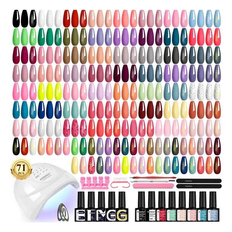 PHOENIXY Kit Vernis Gel 71 Pièces avec Lampe UV 48W – 55 Couleurs, Base et Top Coat