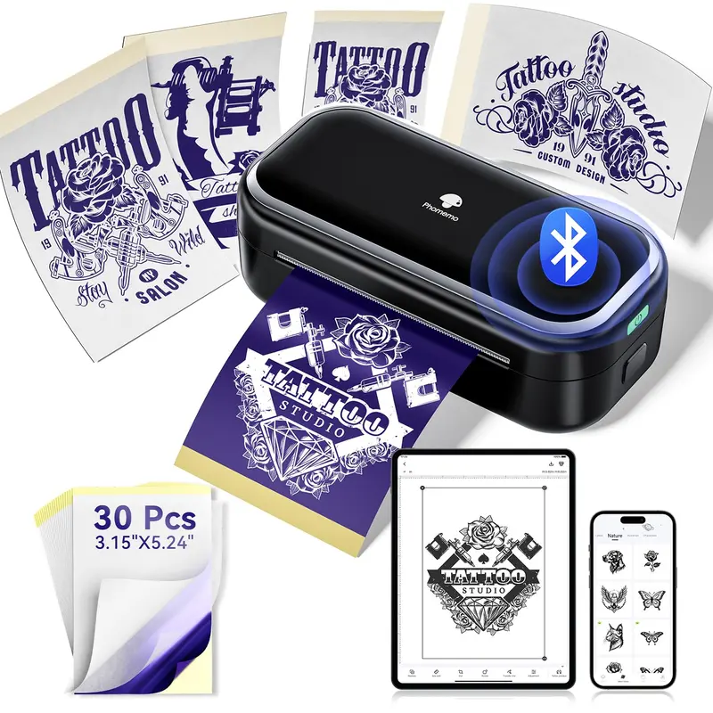 Phomemo TP31 — Imprimante pochoirs tatouage portable, mini tattoo, kit 30 feuilles, noir