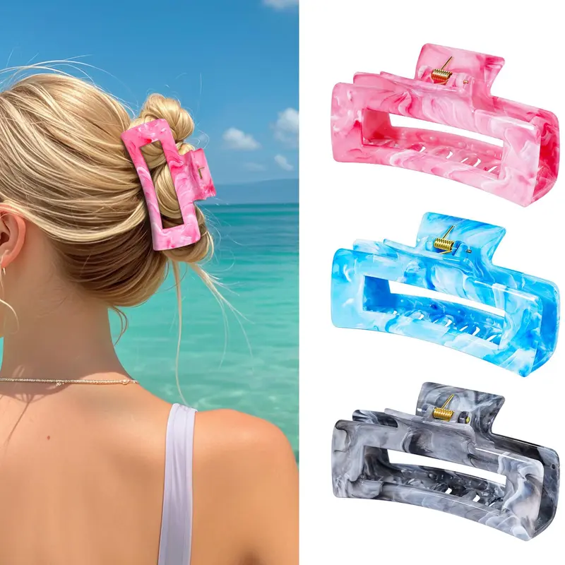 Pinces à cheveux Shinlea – 3 pièces, clips griffes anti-dérapants 4,1 pouces, motif encre – idéal maison, travail et fête (rose bleu gris)