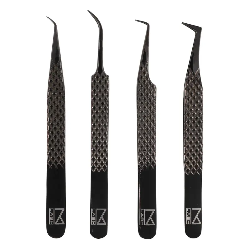 Pinces M LASH pour Extensions de Cils - Ensemble Professionnel (4 pièces) | Acier Japonais, Embout Fibre, Poignée Diamant - Noir