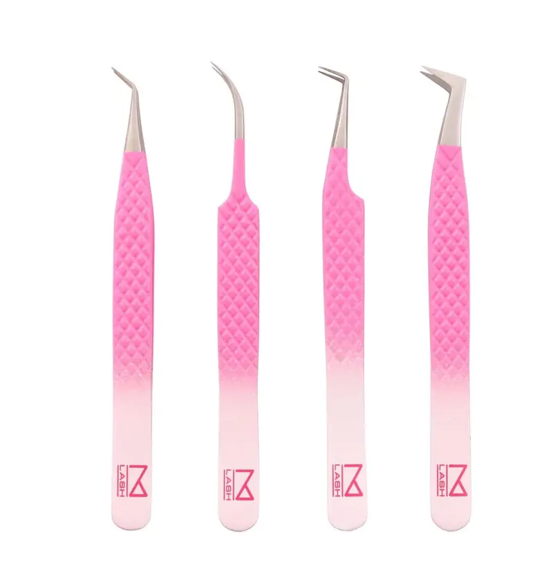 Pinces M LASH pour Extensions de Cils – Lot de 4, Pointe Fibre, Acier Japonais, Poignée Diamant – Professionnel