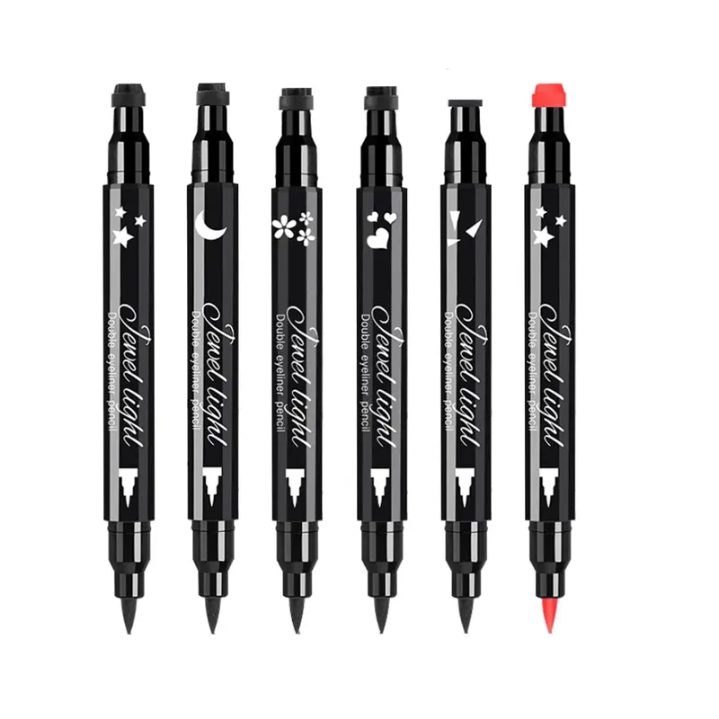 Pinkiou 6pcs Ensemble Stylo-Tampon Eyeliner – Double Face, Résistant à l'eau, pour Débutants – Noir et Rouge (Cœur, Étoile, Prune, Triangle, Lune)