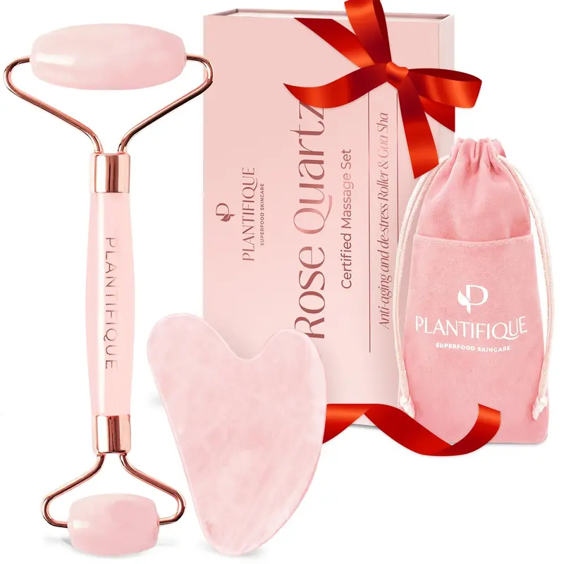 PLANTIFIQUE Rouleau visage et gua sha quartz rose certifié | Cadeaux | Outil gua sha pour le visage | Définisseur de mâchoire | Routine de soins