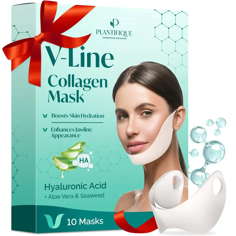 PLANTIFIQUE V-Line – Masque Contour Mâchoire au Collagène et Hyaluronique, 10 Pièces