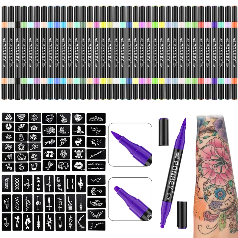Ponhey Marqueurs de Tatouage Temporaires – 36 Couleurs + 67 Pochoirs, Double Embout, Sûr pour la Peau