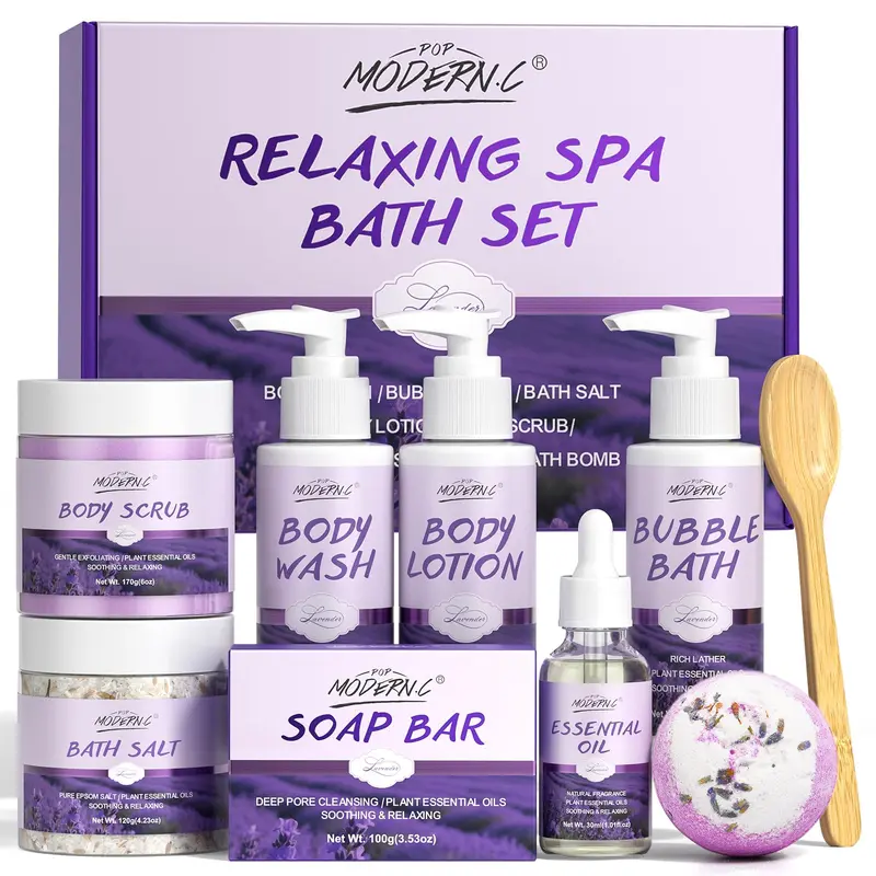 POP MODERN.C Coffret Bain Lavande 8 pièces – Cadeau Spa pour Femmes
