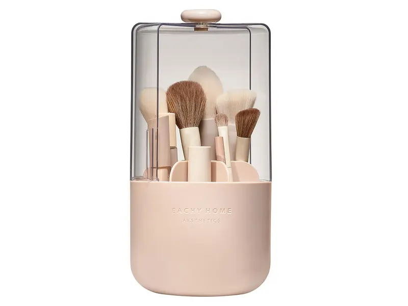 Porte-pinceaux EACHY rotatif 360° avec couvercle anti-poussière – 7 compartiments, design rose