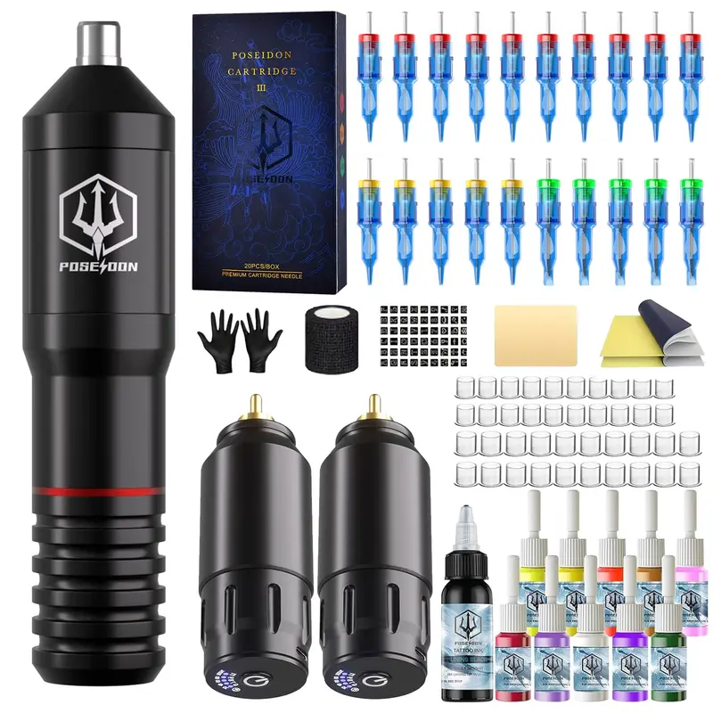 POSEIDON Kit tatouage sans fil – machine rotative pro, 20 cartouches et 2 batteries | UPTATSUPPLY
