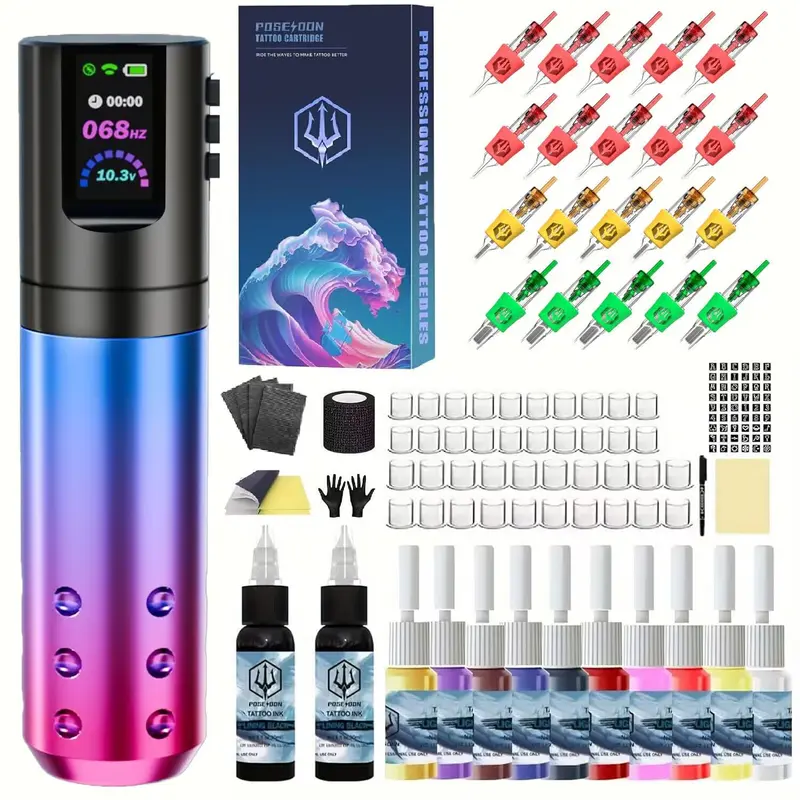 POSEIDON Kit Tatouage – Stylo tatouage avec 20 cartouches, batterie 1800 mAh et affichage numérique